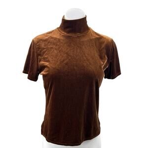 Azzura Brown Velvet Velour Short Sleeve Turtlenec Blouse T Shirt Tee Top Size M